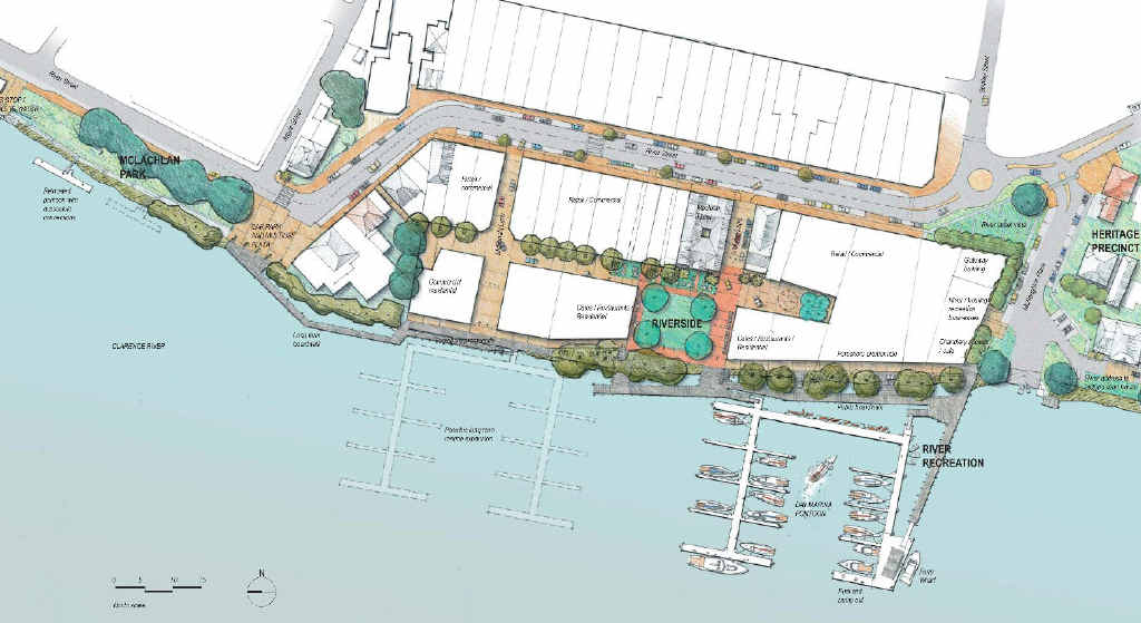 The draft master plan for the Maclean riverside precinct, which includes cafes and restaurants, general retail and passive recreation areas. The draft master plan for the Maclean riverside precinct, which includes cafes and restaurants, general retail and passive recreation areas.